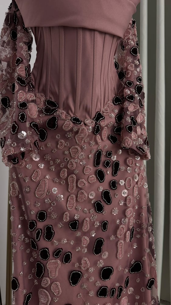 Elegant evening dress made of Barbie fabric with hand embroidery
