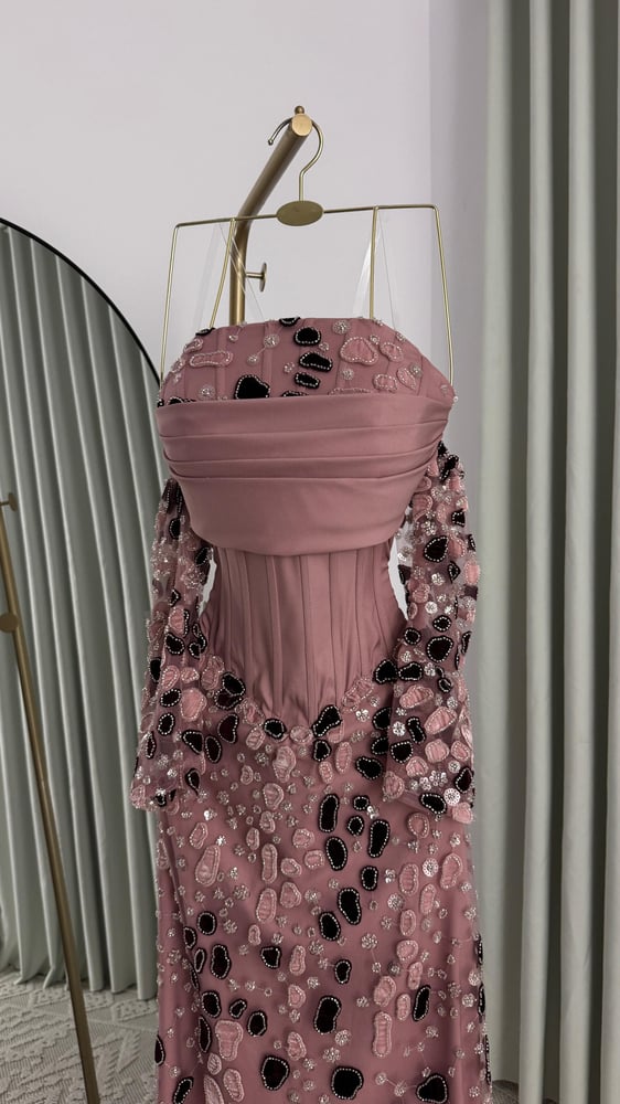 Elegant evening dress made of Barbie fabric with hand embroidery