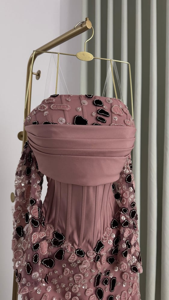 Elegant evening dress made of Barbie fabric with hand embroidery