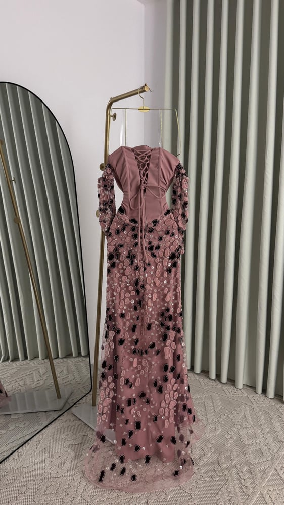 Elegant evening dress made of Barbie fabric with hand embroidery