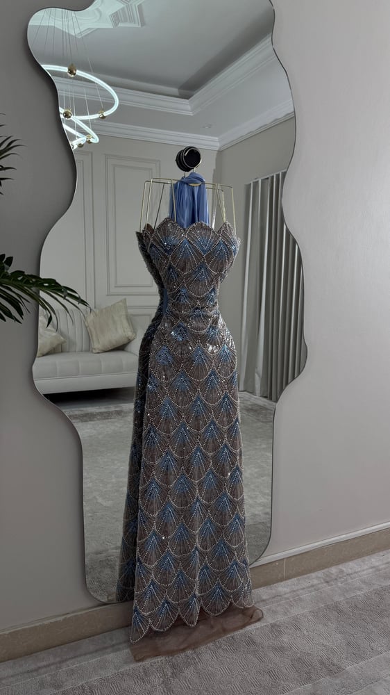 Evening dress with velvet embroidery with beads handmade luxurious