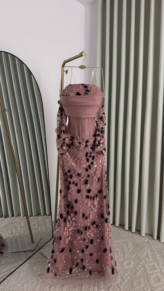 Elegant evening dress made of Barbie fabric with hand embroidery