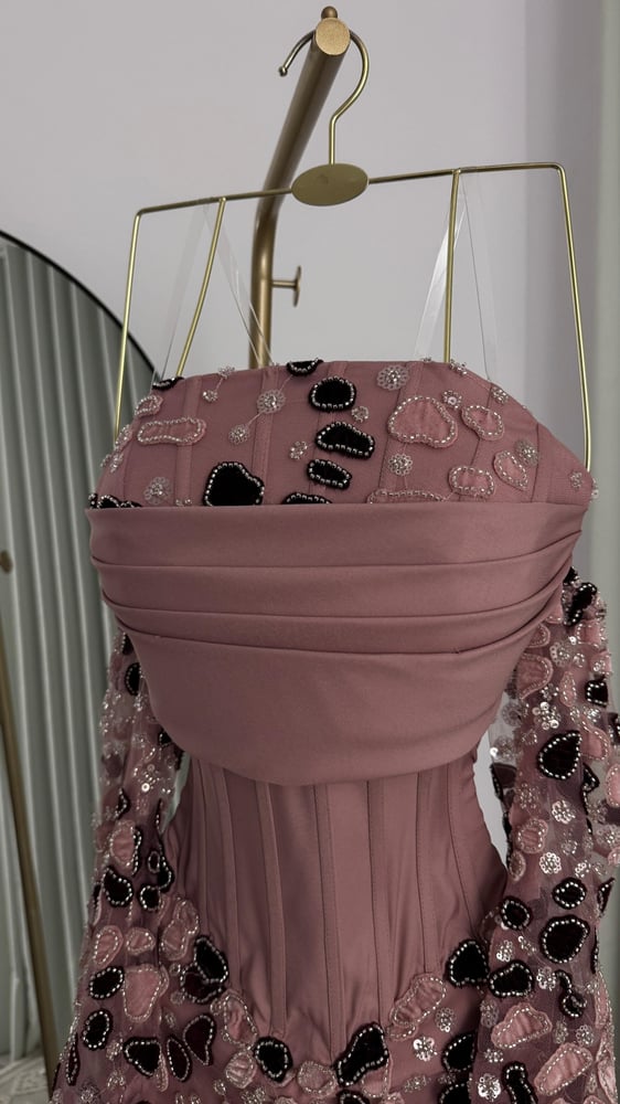 Elegant evening dress made of Barbie fabric with hand embroidery