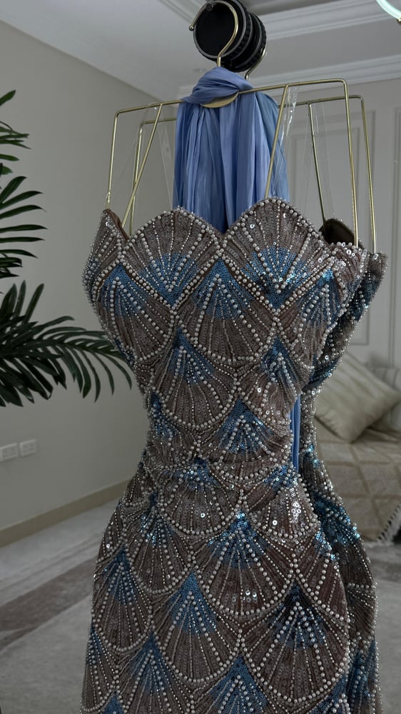 Evening dress with velvet embroidery with beads handmade luxurious