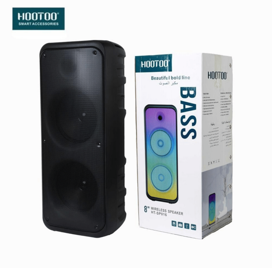 مكبر صوت لاسلكي احترافي HooToo (موديل HT-SP016) | مضخم صوت مزدوج 8 بوصة مع إضاءة LED تفاعلية وباس قوي