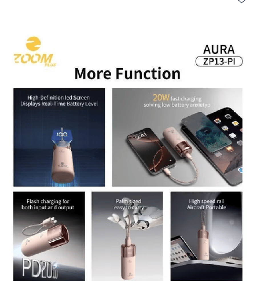 باور بنك ZOOM PLUS Aura ZP13-PI بسعة 10000mAh مع كابل Lightning مدمج وشحن سريع PD 20W