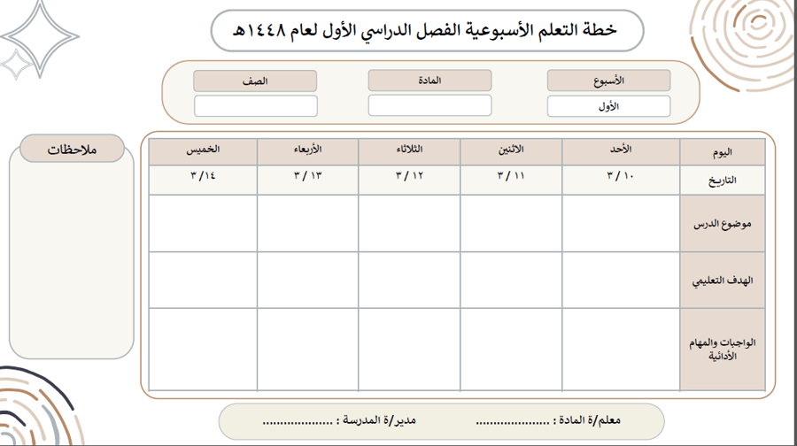 سجل خطة التعلم الاسبوعية