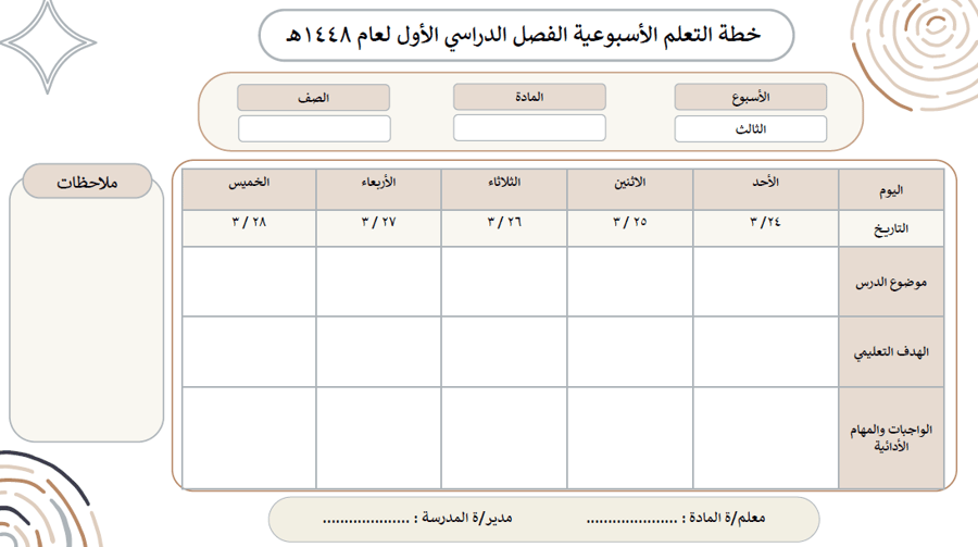 سجل خطة التعلم الاسبوعية