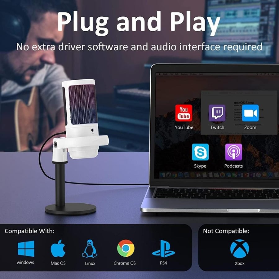 ميكروفون من دي إم جي باللون الأسود، يدعم اتصال USB، مع إضاءة RGB ووظيفة الكتم باللمس وتقليل الضوضاء
