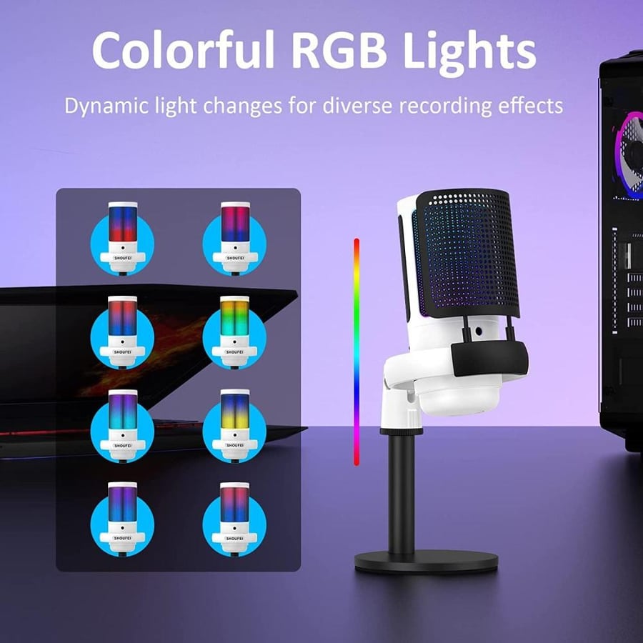 ميكروفون من دي إم جي باللون الأسود، يدعم اتصال USB، مع إضاءة RGB ووظيفة الكتم باللمس وتقليل الضوضاء