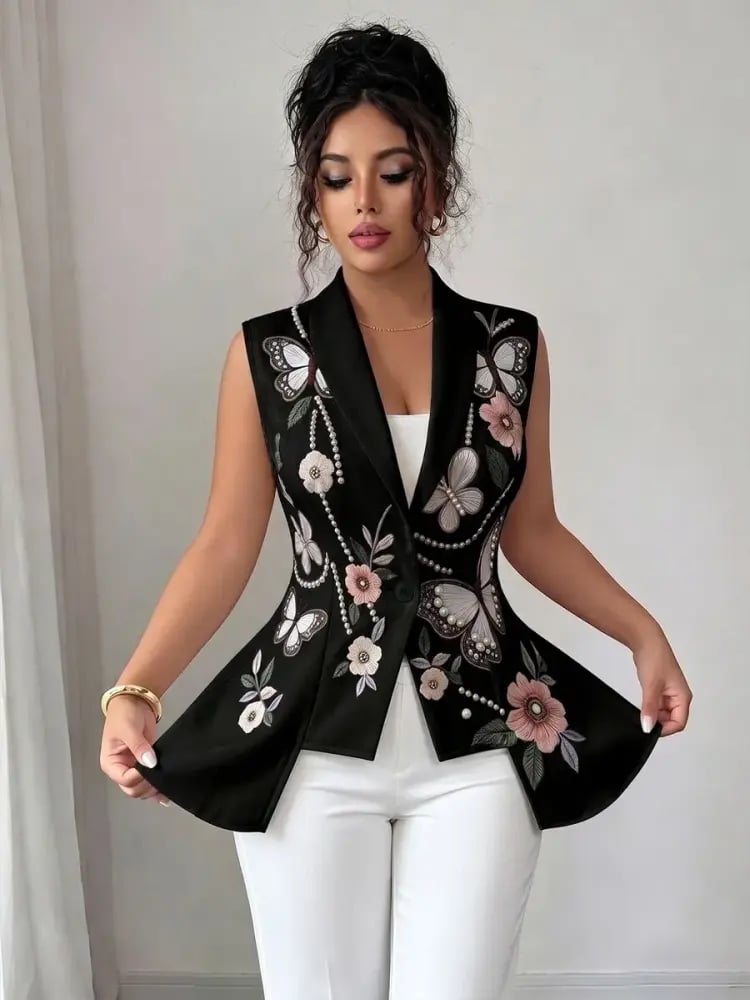 Elenzga جاكيت نسائية بتصميم خصر مشدود وطباعة زهرية وحافة غير متماثلة، ملابس مكتبية أنيقة واحترافية