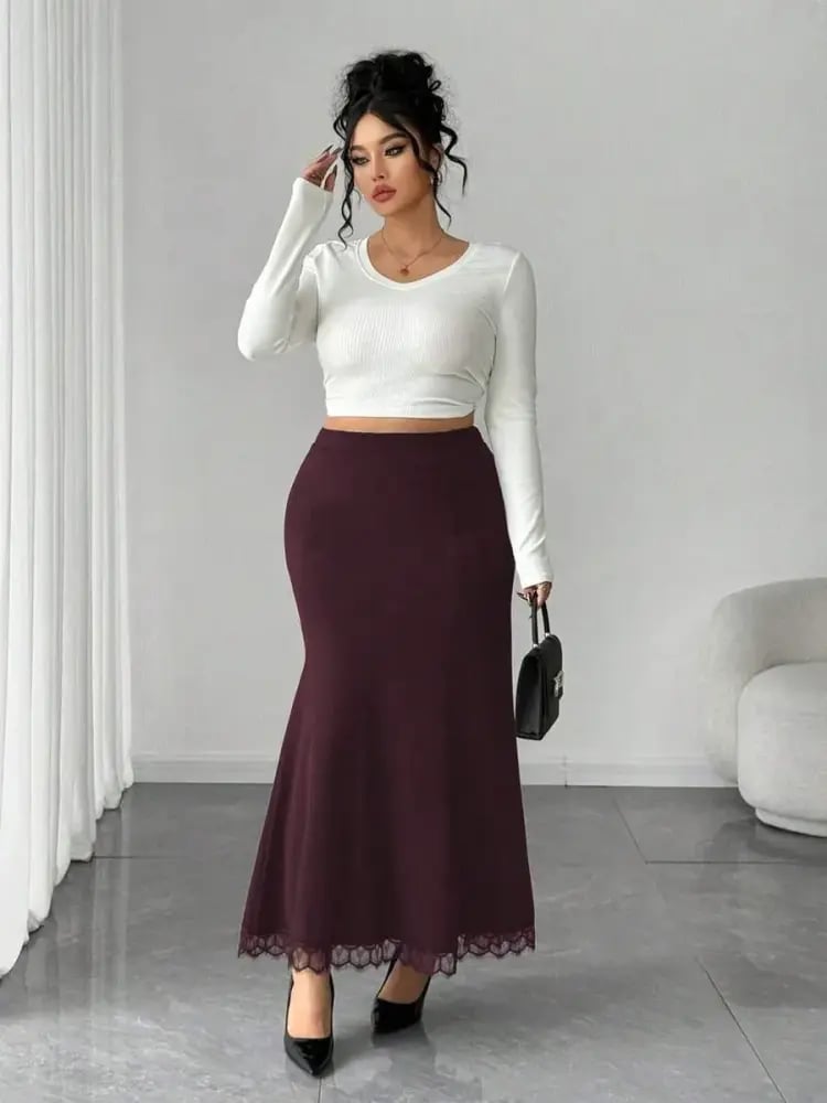 Elenzga تنورة ميرميد متوسطة الطول مزينة بالدانتيل والتصميم الأنيق ذات الخصر العالي للسيدات ذوات الحجم الكبير