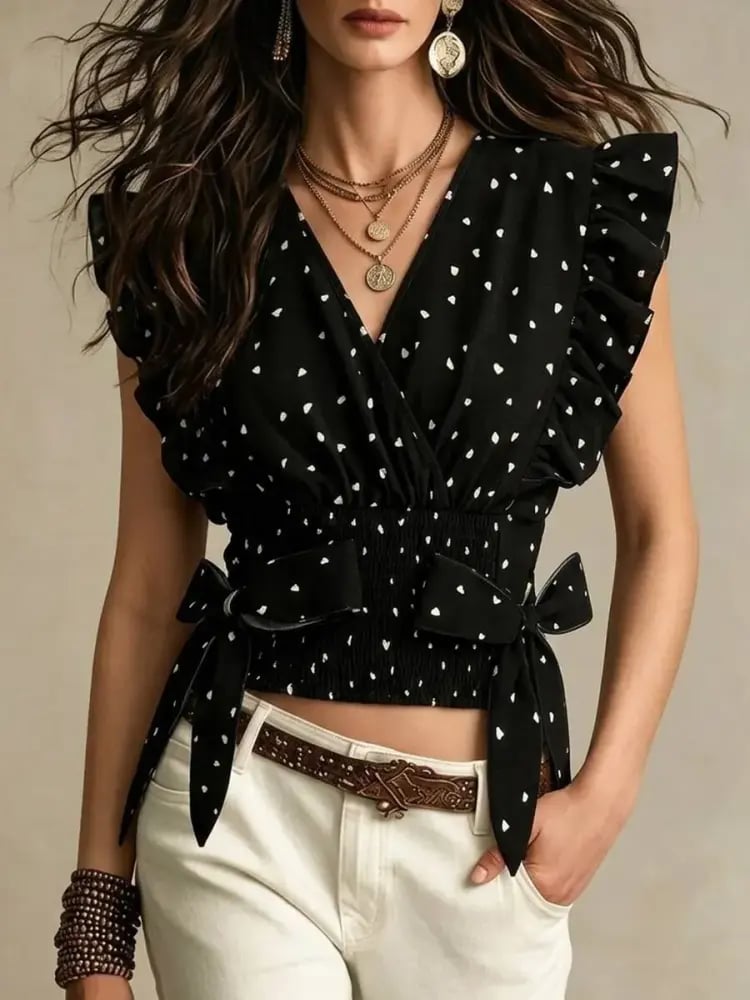 SHEIN Franclia توب بنقاط البولكا بأطراف مكشكشة وعقدة مكرنشة