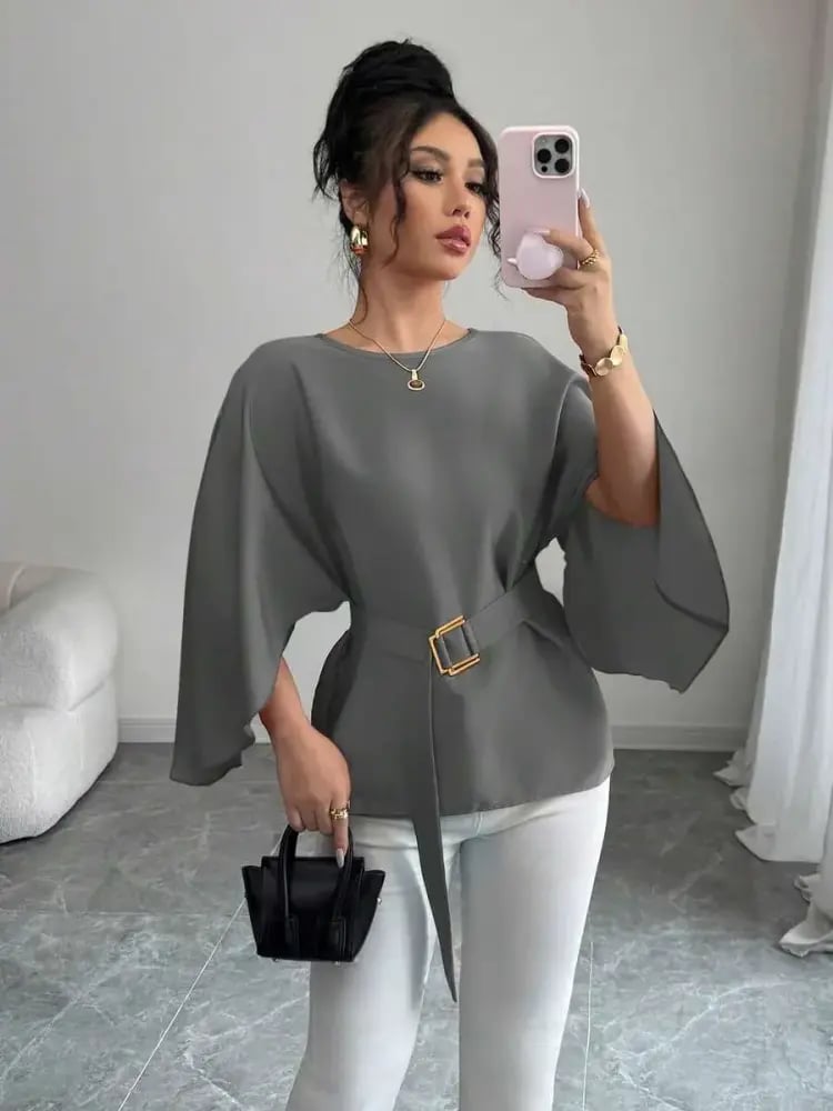 Selianne بلوزة نسائية بياقة مستديرة وأكمام خفافيش وربطة الخصر، بلون أحمر لامع، موضة الربيع/الصيف
