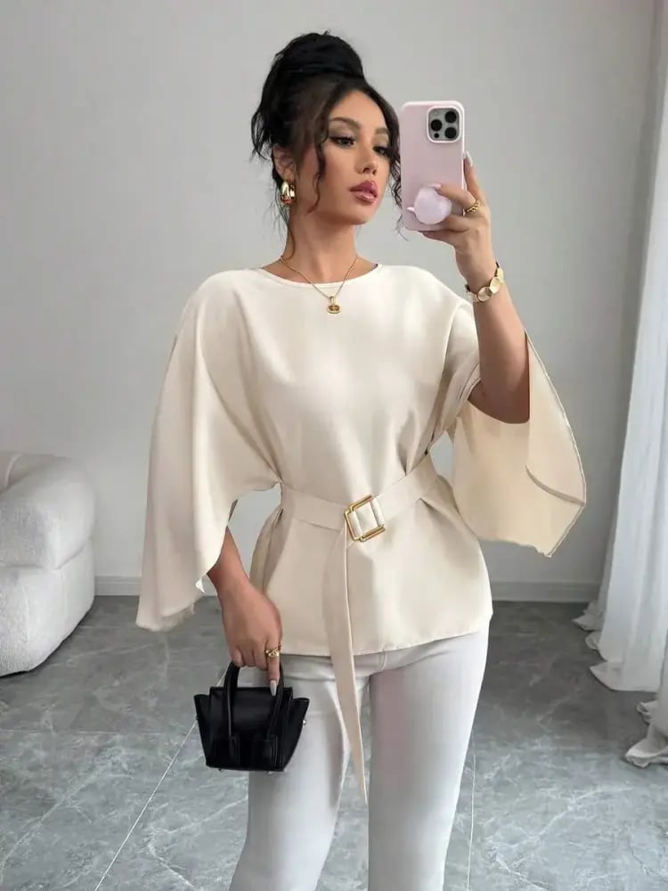 Selianne بلوزة نسائية بياقة مستديرة وأكمام خفافيش وربطة الخصر، بلون أحمر لامع، موضة الربيع/الصيف