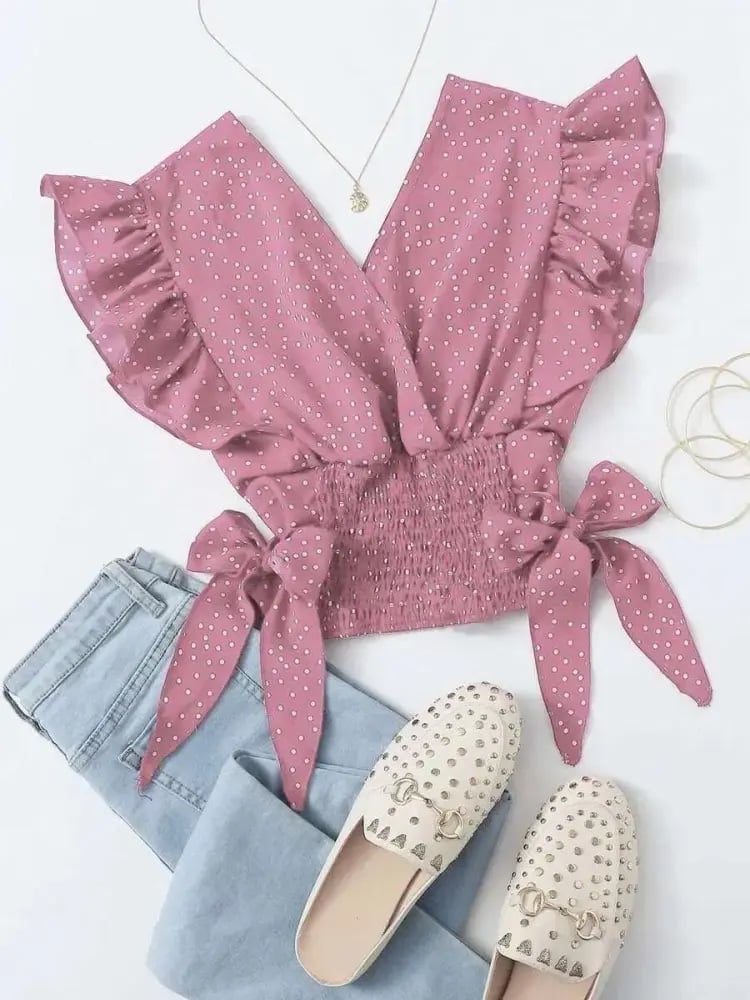 SHEIN Franclia توب بنقاط البولكا بأطراف مكشكشة وعقدة مكرنشة