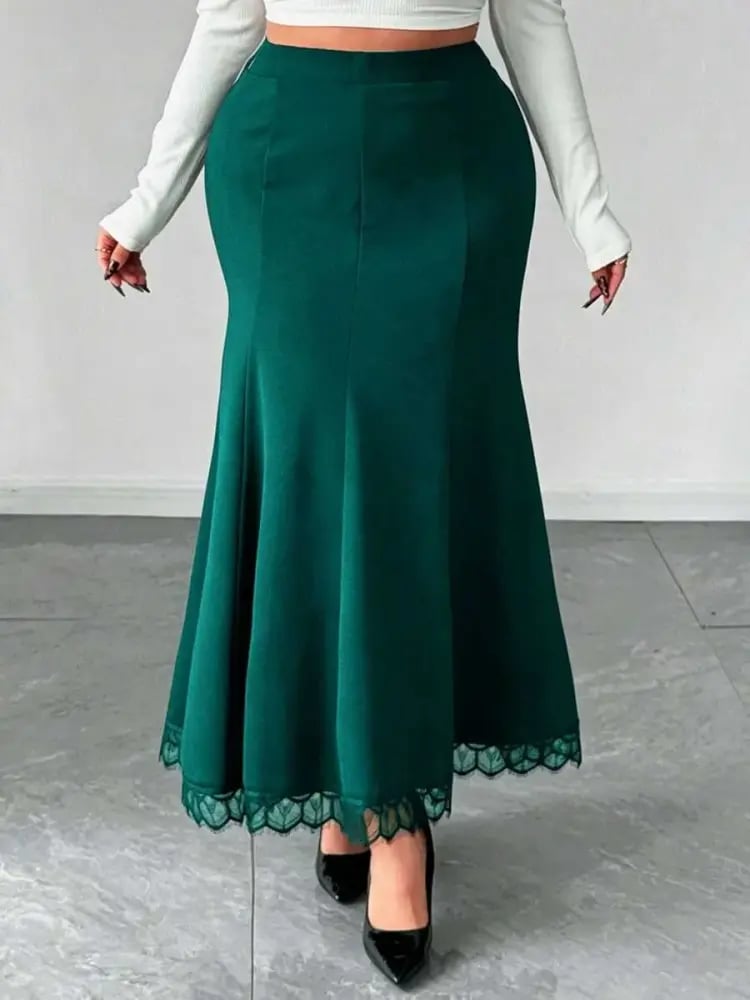 Elenzga تنورة ميرميد متوسطة الطول مزينة بالدانتيل والتصميم الأنيق ذات الخصر العالي للسيدات ذوات الحجم الكبير