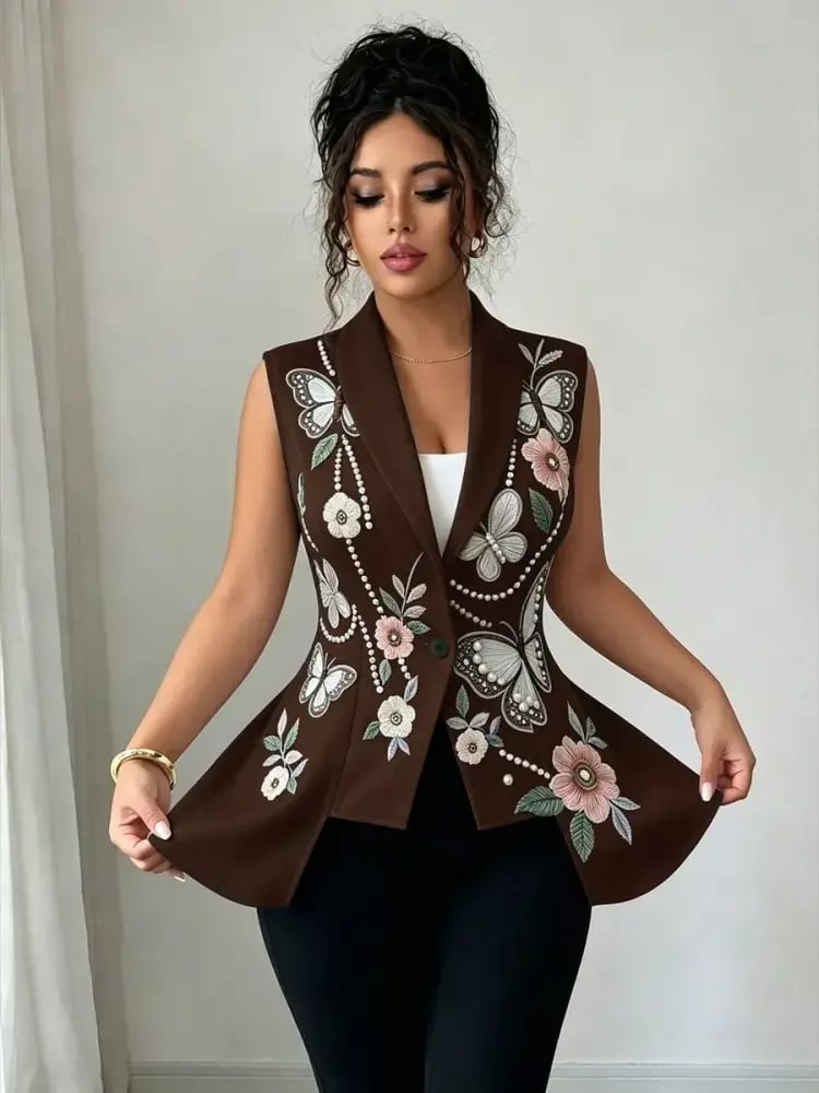 Elenzga جاكيت نسائية بتصميم خصر مشدود وطباعة زهرية وحافة غير متماثلة، ملابس مكتبية أنيقة واحترافية