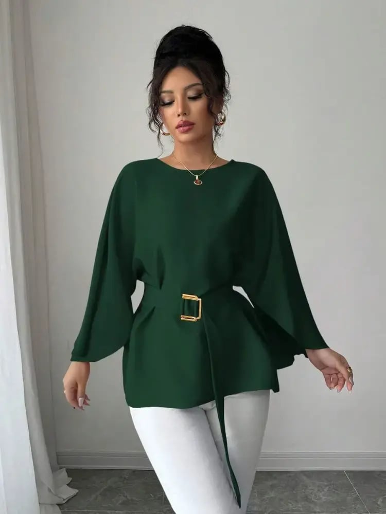 Selianne بلوزة نسائية بياقة مستديرة وأكمام خفافيش وربطة الخصر، بلون أحمر لامع، موضة الربيع/الصيف
