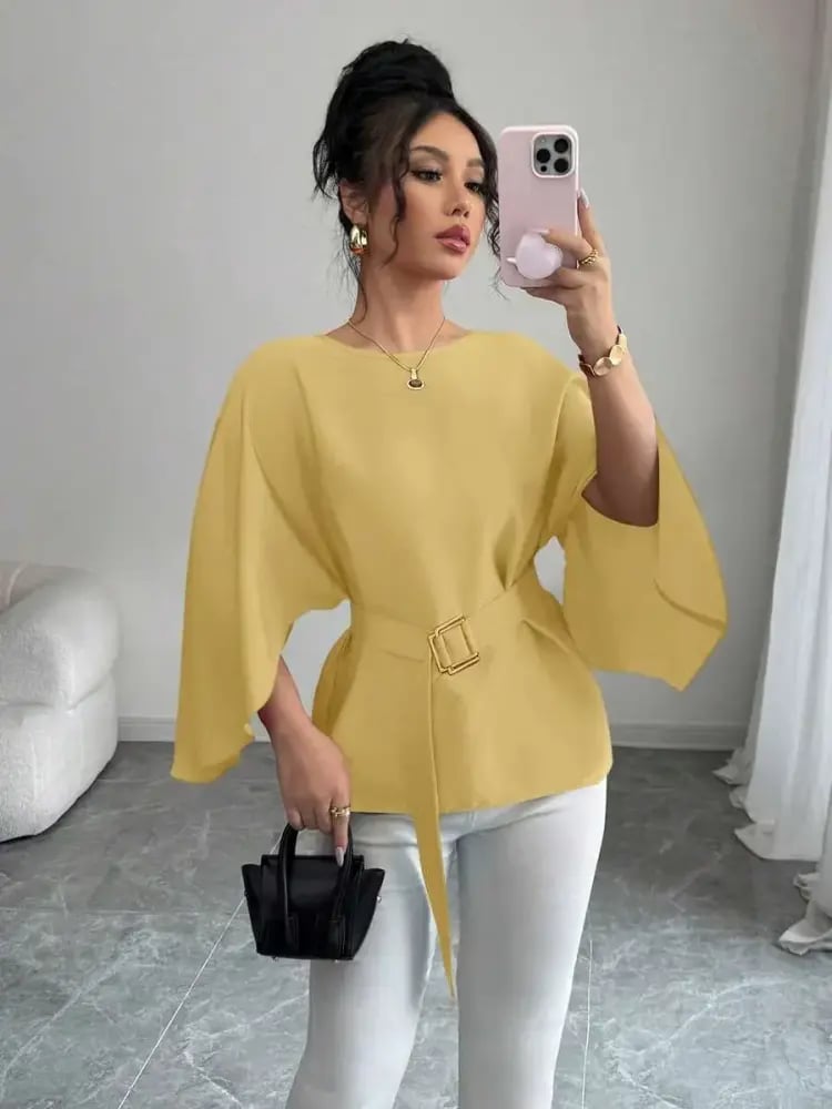 Selianne بلوزة نسائية بياقة مستديرة وأكمام خفافيش وربطة الخصر، بلون أحمر لامع، موضة الربيع/الصيف