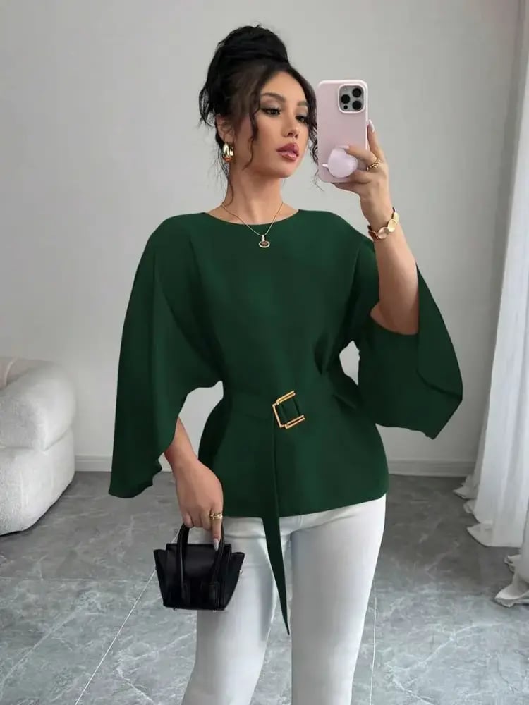 Selianne بلوزة نسائية بياقة مستديرة وأكمام خفافيش وربطة الخصر، بلون أحمر لامع، موضة الربيع/الصيف