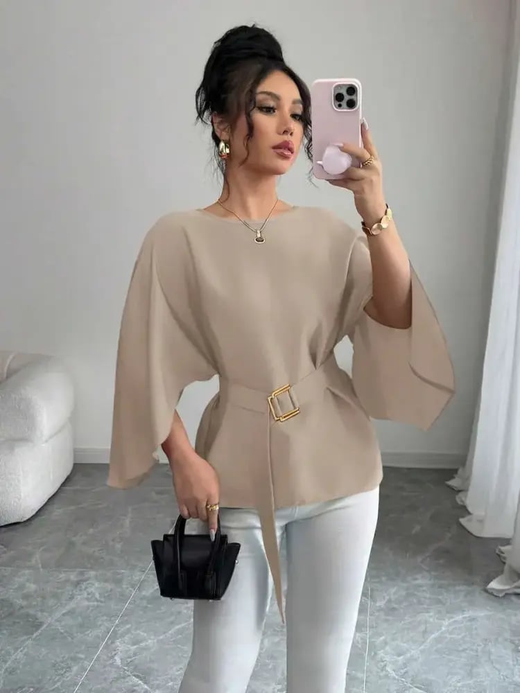 Selianne بلوزة نسائية بياقة مستديرة وأكمام خفافيش وربطة الخصر، بلون أحمر لامع، موضة الربيع/الصيف