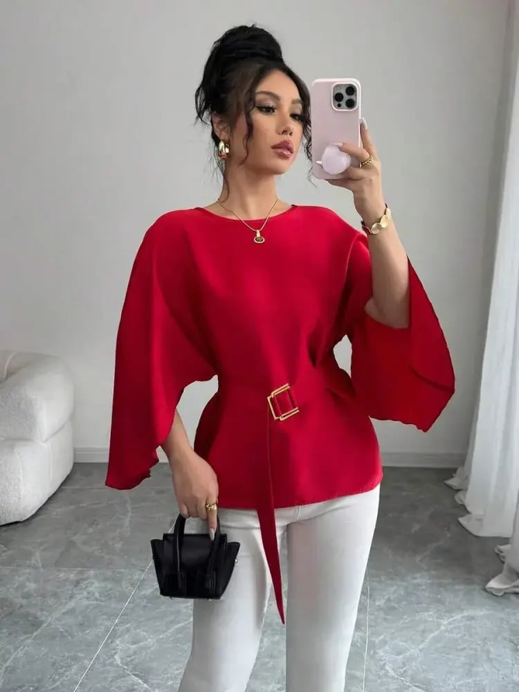 Selianne بلوزة نسائية بياقة مستديرة وأكمام خفافيش وربطة الخصر، بلون أحمر لامع، موضة الربيع/الصيف