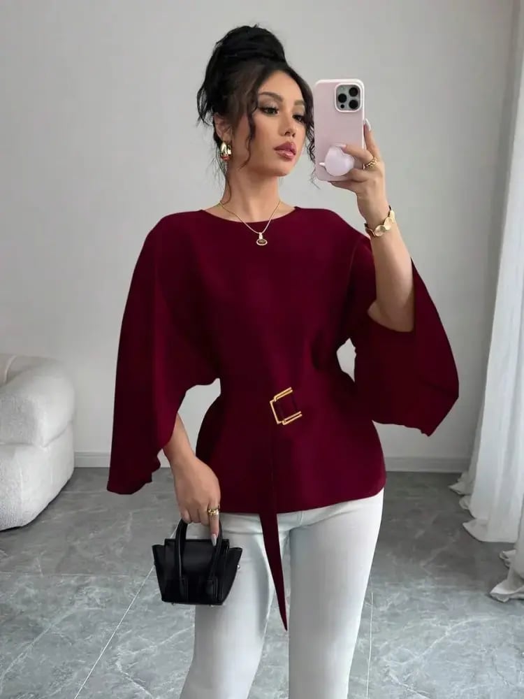 Selianne بلوزة نسائية بياقة مستديرة وأكمام خفافيش وربطة الخصر، بلون أحمر لامع، موضة الربيع/الصيف
