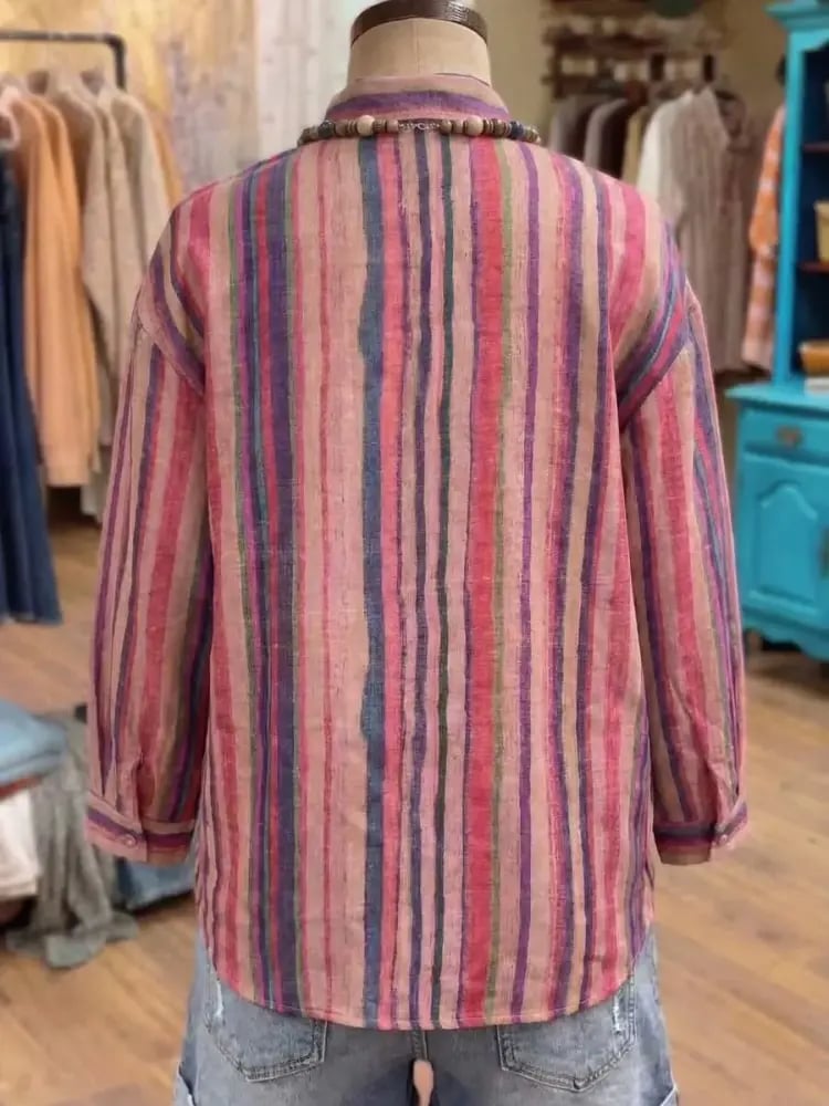 Linhara قميص نسائي مريح بأكمام طويلة مع طباعة مخطط، مناسب للارتداء اليومي والعمل، مقاسات كبيرة