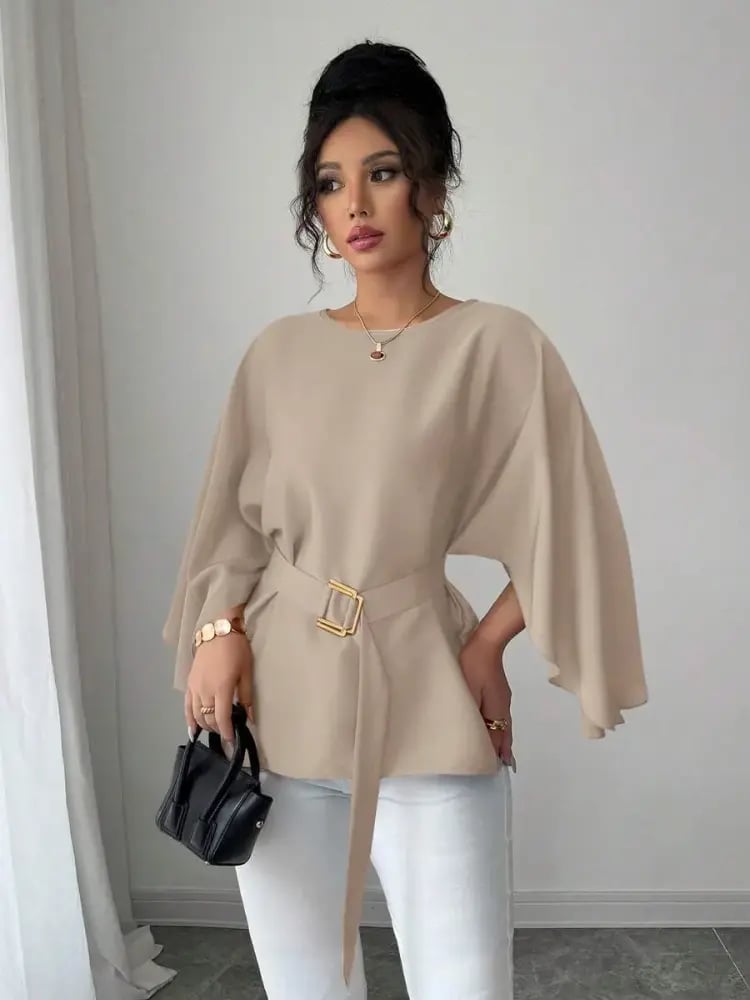 Selianne بلوزة نسائية بياقة مستديرة وأكمام خفافيش وربطة الخصر، بلون أحمر لامع، موضة الربيع/الصيف