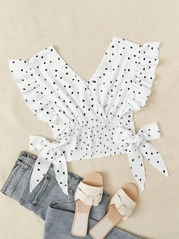 SHEIN Franclia توب بنقاط البولكا بأطراف مكشكشة وعقدة مكرنشة