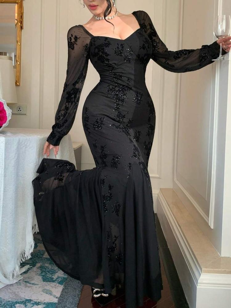 DAZY فستان أنيق بياقة مربعة مطرز بزهور طويل الأكمام ضيق الخصر على شكل ذيل السمكة، مناسب للمناسبات الرسمية