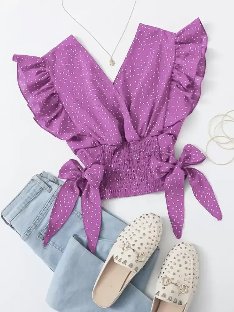 SHEIN Franclia توب بنقاط البولكا بأطراف مكشكشة وعقدة مكرنشة