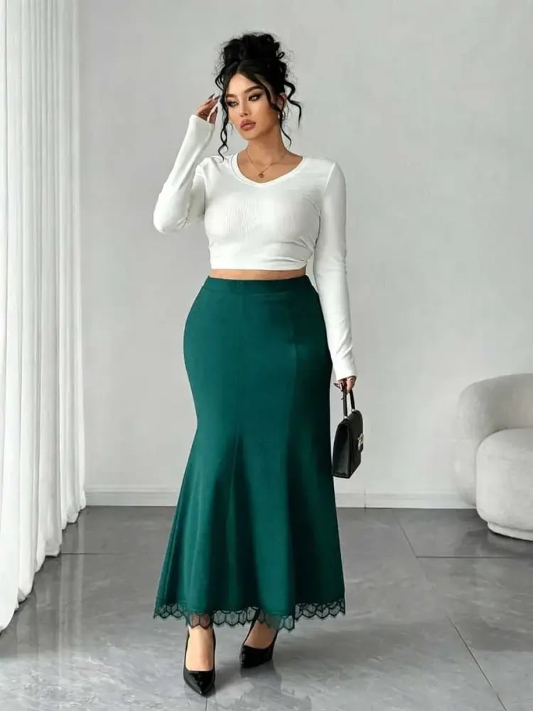 Elenzga تنورة ميرميد متوسطة الطول مزينة بالدانتيل والتصميم الأنيق ذات الخصر العالي للسيدات ذوات الحجم الكبير