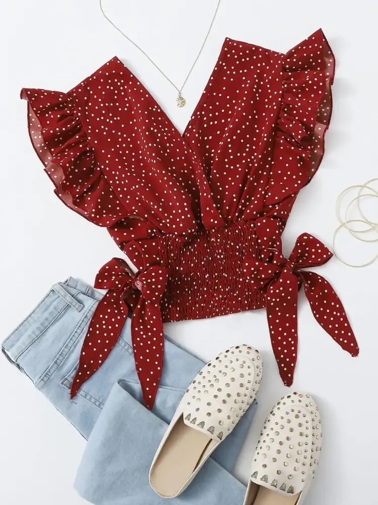SHEIN Franclia توب بنقاط البولكا بأطراف مكشكشة وعقدة مكرنشة