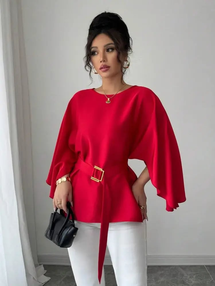 Selianne بلوزة نسائية بياقة مستديرة وأكمام خفافيش وربطة الخصر، بلون أحمر لامع، موضة الربيع/الصيف