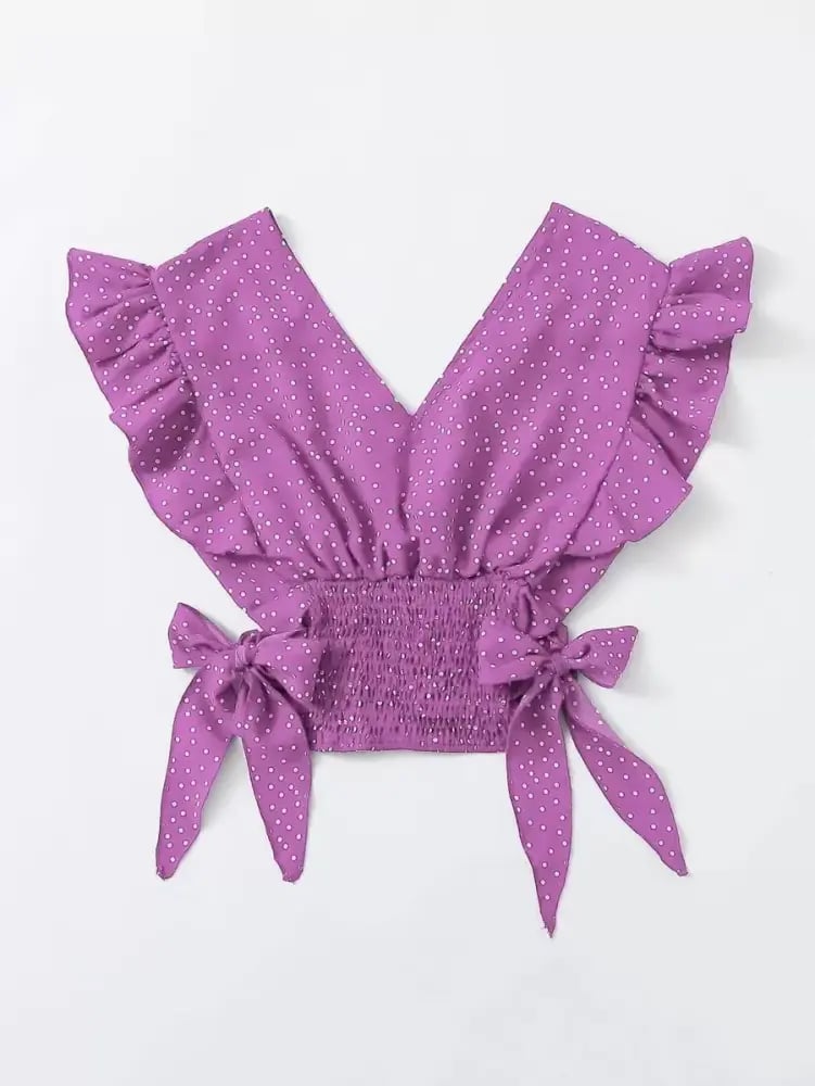 SHEIN Franclia توب بنقاط البولكا بأطراف مكشكشة وعقدة مكرنشة