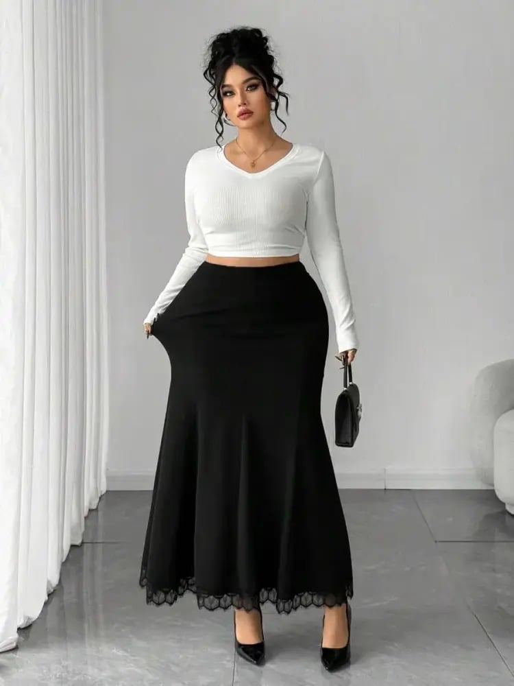 Elenzga تنورة ميرميد متوسطة الطول مزينة بالدانتيل والتصميم الأنيق ذات الخصر العالي للسيدات ذوات الحجم الكبير