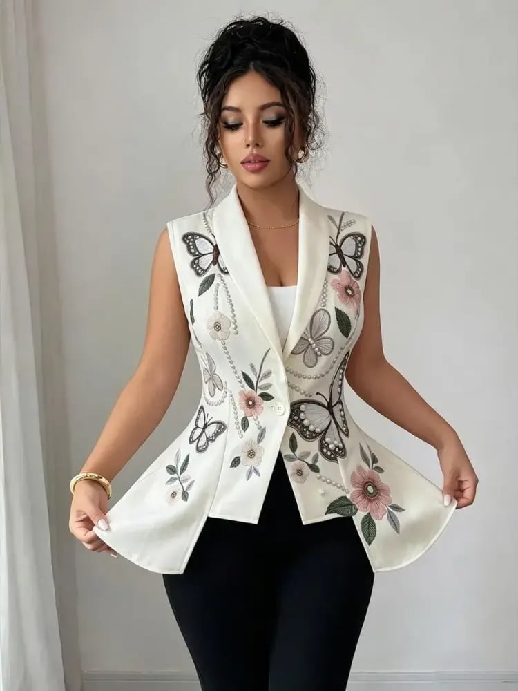 Elenzga جاكيت نسائية بتصميم خصر مشدود وطباعة زهرية وحافة غير متماثلة، ملابس مكتبية أنيقة واحترافية