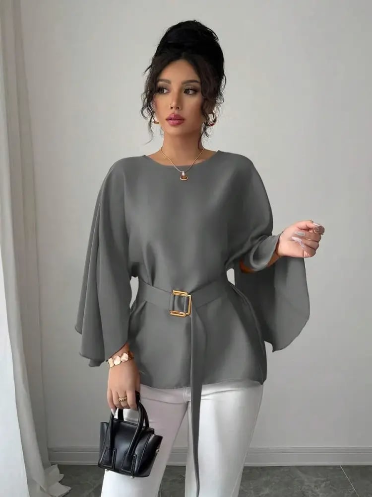 Selianne بلوزة نسائية بياقة مستديرة وأكمام خفافيش وربطة الخصر، بلون أحمر لامع، موضة الربيع/الصيف