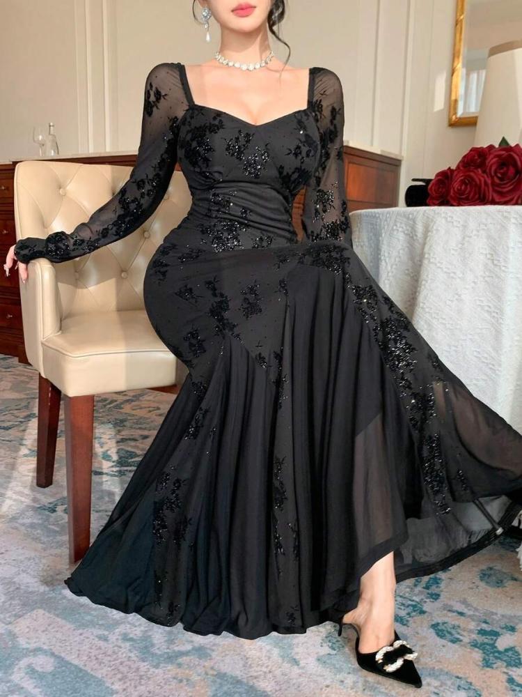DAZY فستان أنيق بياقة مربعة مطرز بزهور طويل الأكمام ضيق الخصر على شكل ذيل السمكة، مناسب للمناسبات الرسمية