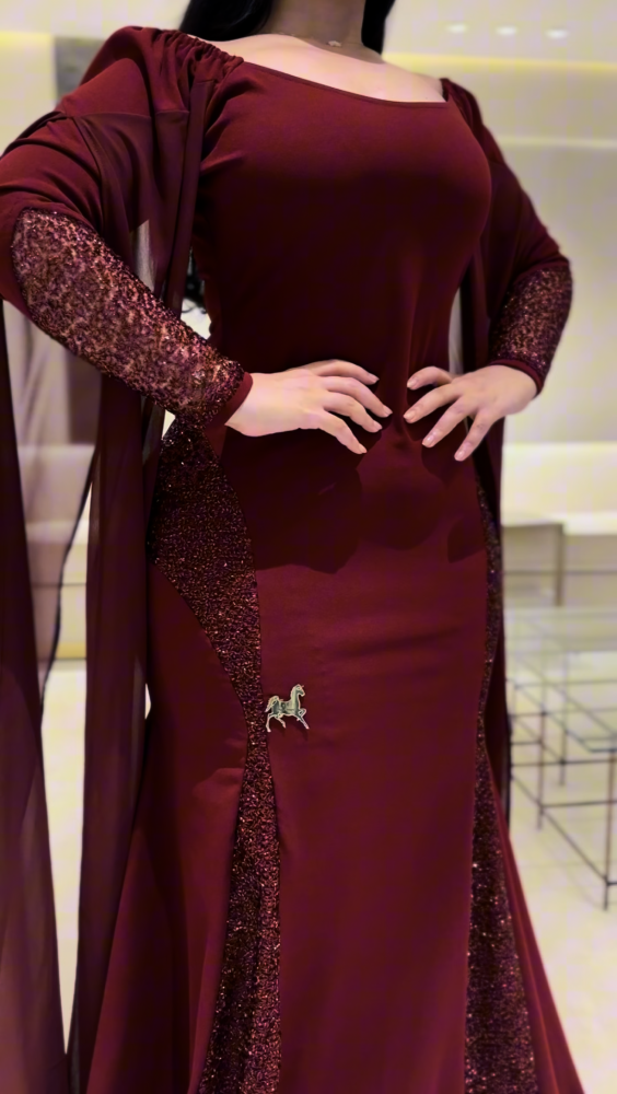 فستان سترتش كريب عنابي