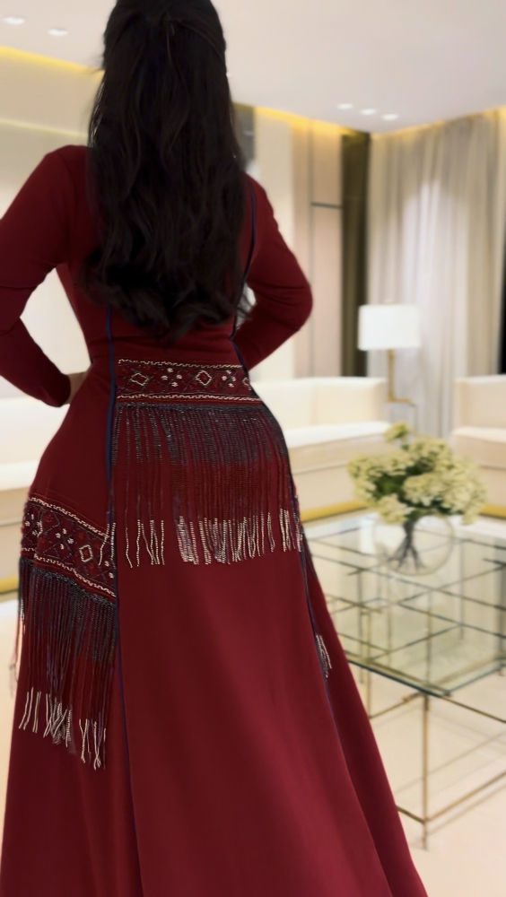 فستان سترتش كريب كلوش عنابي