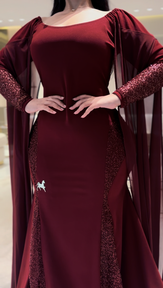 فستان سترتش كريب عنابي