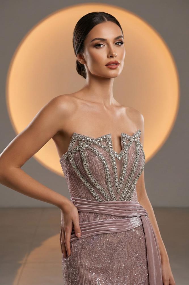 Pink earthy evening dress with luxurious embroidery and side slit