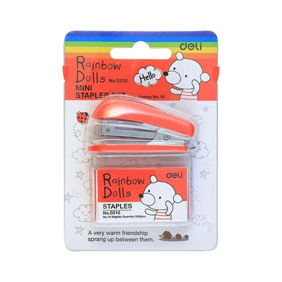دباسة مع علبة دبابيس صغيرة – Deli Rainbow Dolls Mini Stapler