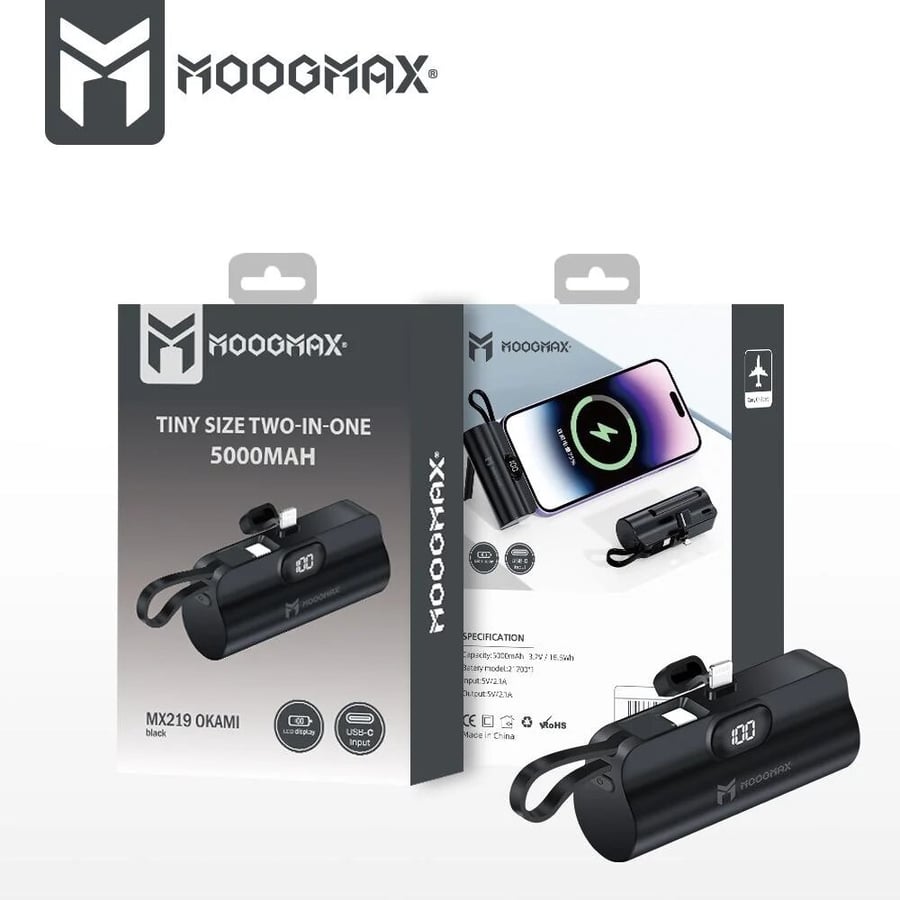 2-في-1 باور بنك سوبر تايني سايز ميني بسعة 5000mAh وبحجم قلم الروج, ووزن خفيف يجعل حمله واستخدامه سهل, بمخرجين مخرج ايفون أساسي ومخرج تايب-سي جانبي, يدعم تقنيات الشحن السريع, يسمح بحمله على أثناء السفر