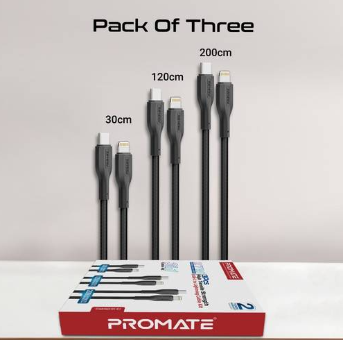 مجموعة 3 كيابل Type-C إلى لايتنينغ - بروميت (Promate)