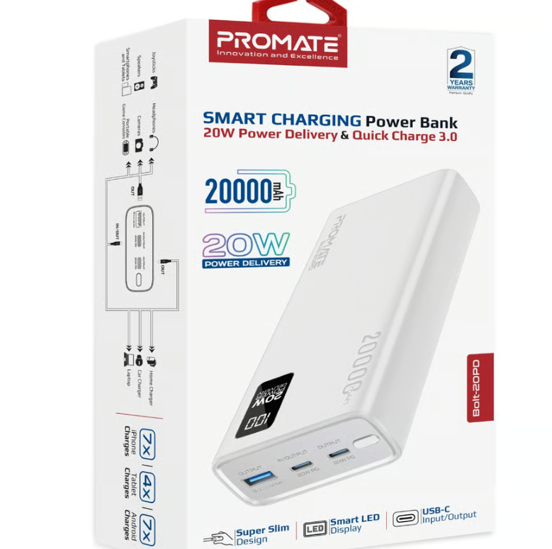 باور بنك 20000mAh بقدرة 20W - بروميت (Promate) - أبيض