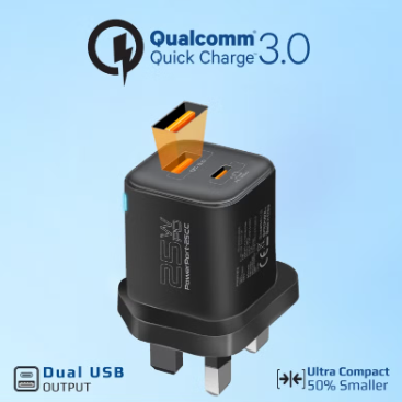 شاحن جداري 25 واط بمنفذين USB + Type-C مع كيبل Type-C إلى Type-C - بروميت PowerPort 25CC Black UK